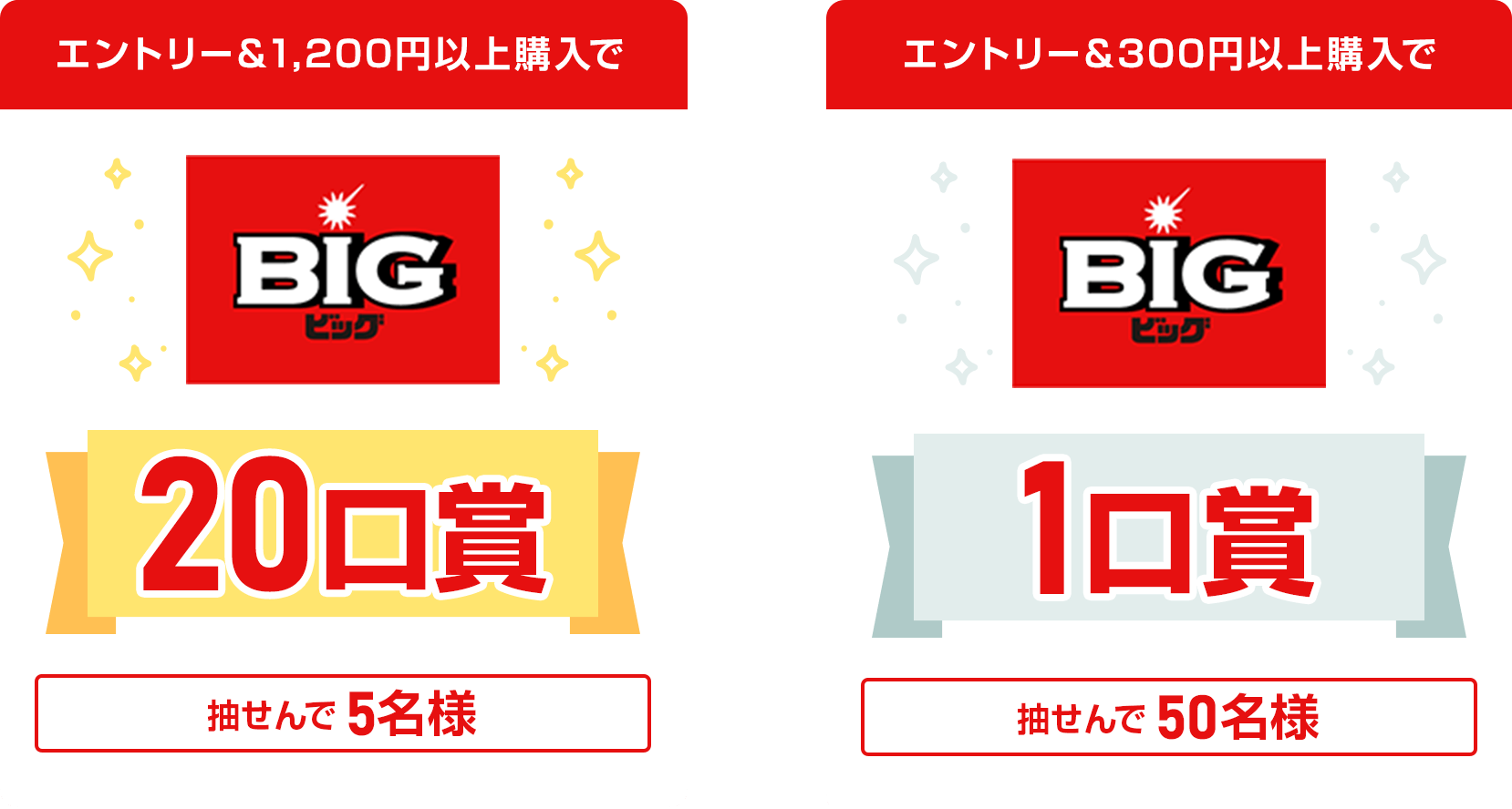 
            
              BIG20口賞
              エントリー＆1,200円以上購入で…合計5名さまに、BIG20口（6,000円相当）を進呈いたします。
              
              BIG1口賞
              エントリー＆300円以上購入で…合計50名さまに、BIG1口（300円相当）を進呈いたします。
              
            