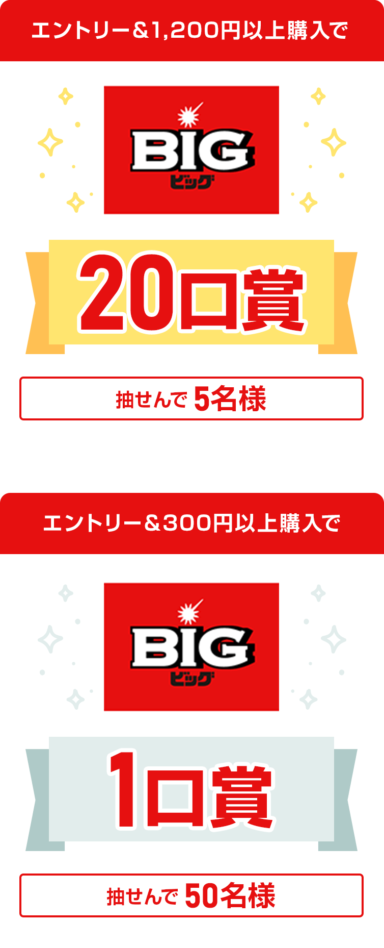 
            
              BIG20口賞
              エントリー＆1,200円以上購入で…合計5名さまに、BIG20口（6,000円相当）を進呈いたします。
              
              BIG1口賞
              エントリー＆300円以上購入で…合計50名さまに、BIG1口（300円相当）を進呈いたします。
              
            