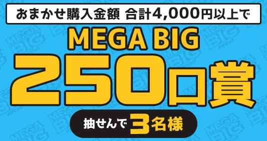 キャンペーン期間中のおまかせ購入金額 合計4,000円以上で…抽せんで3名さまにMEGA BIG250口賞