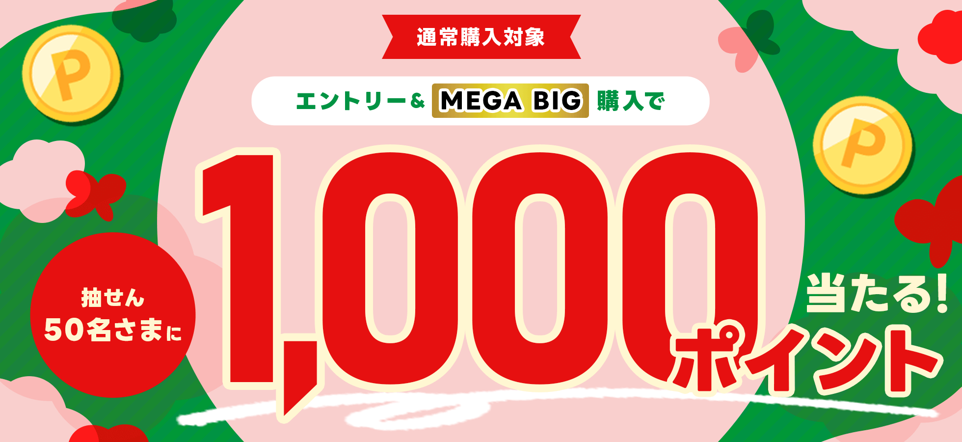 【楽天toto】エントリー&MEGA BIGを購入で抽せん50名さまに1,000ポイント当たる！
