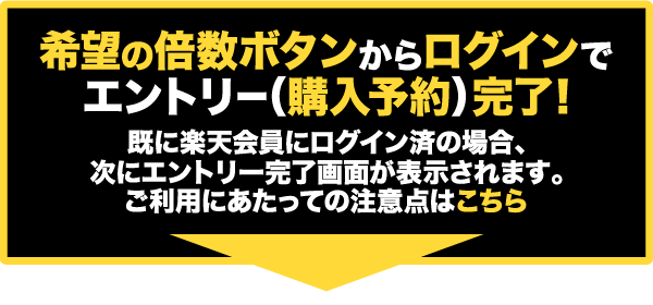 希望の倍数ボタンからログインでエントリー（購入予約）完了！既に楽天会員にログイン済の場合、次にエントリー完了画面が表示されます。ご利用にあたっての注意点はこちら