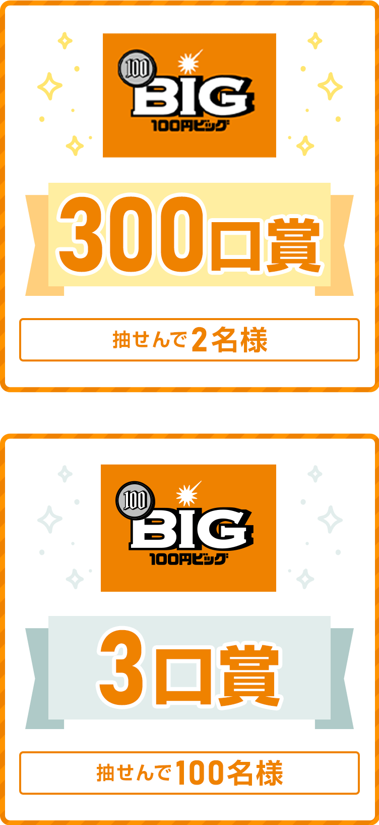 
            
              【100円BIG300口賞】
              抽せんで2名さまに、100円BIG300口を進呈いたします。
              
              【100円BIG3口賞】
              抽せんで100名さまに、100円BIG3口を進呈いたします。
              
            