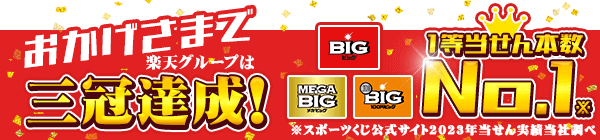 おかげさまで楽天グループは三冠王達成! BIG/MEGA BIG/100円BIG 当せん本数 No.1 ※スポーツくじ公式サイト2023年当せん実績当社調べ