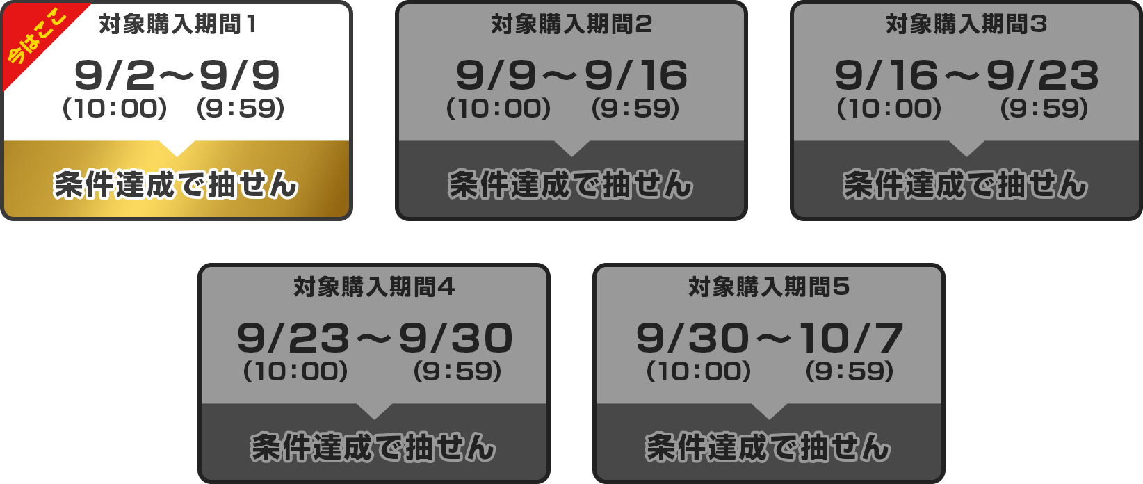 
                購入対象期間① : 2024年9月2日(月) 10:00 ～ 2024年9月9日(月)9:59
              
                購入対象期間② : 2024年9月9日(月) 10:00 ～ 2024年9月16日(月)9:59
              
                購入対象期間③ : 2024年9月16日(月) 10:00 ～ 2024年9月23日(月)9:59
              
                購入対象期間④ : 2024年9月23日(月) 10:00 ～ 2024年9月30日(月)9:59
              
                購入対象期間⑤ : 2024年9月30日(月) 10:00 ～ 2024年10月7日(月)9:59
              