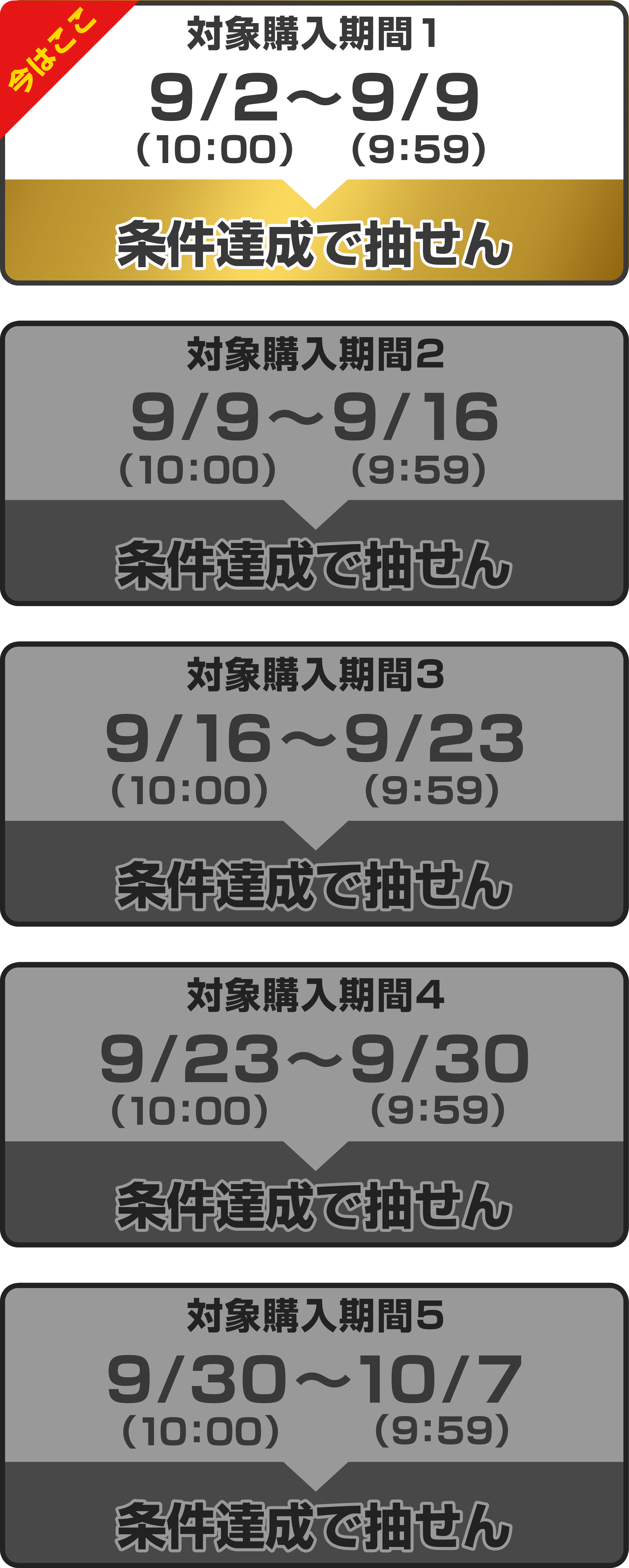 
                購入対象期間 ① : 2024年9月2日(月) 10:00 ～　2024年9月9日(月)9:59
              
                購入対象期間 ② : 2024年9月9日(月) 10:00 ～　2024年9月16日(月)9:59
              
                購入対象期間 ③ : 2024年9月16日(月) 10:00 ～　2024年9月23日(月)9:59
              
                購入対象期間 ④ : 2024年9月23日(月) 10:00 ～　2024年9月30日(月)9:59
              
                購入対象期間 ⑤ : 2024年9月30日(月) 10:00 ～　2024年10月7日(月)9:59
              