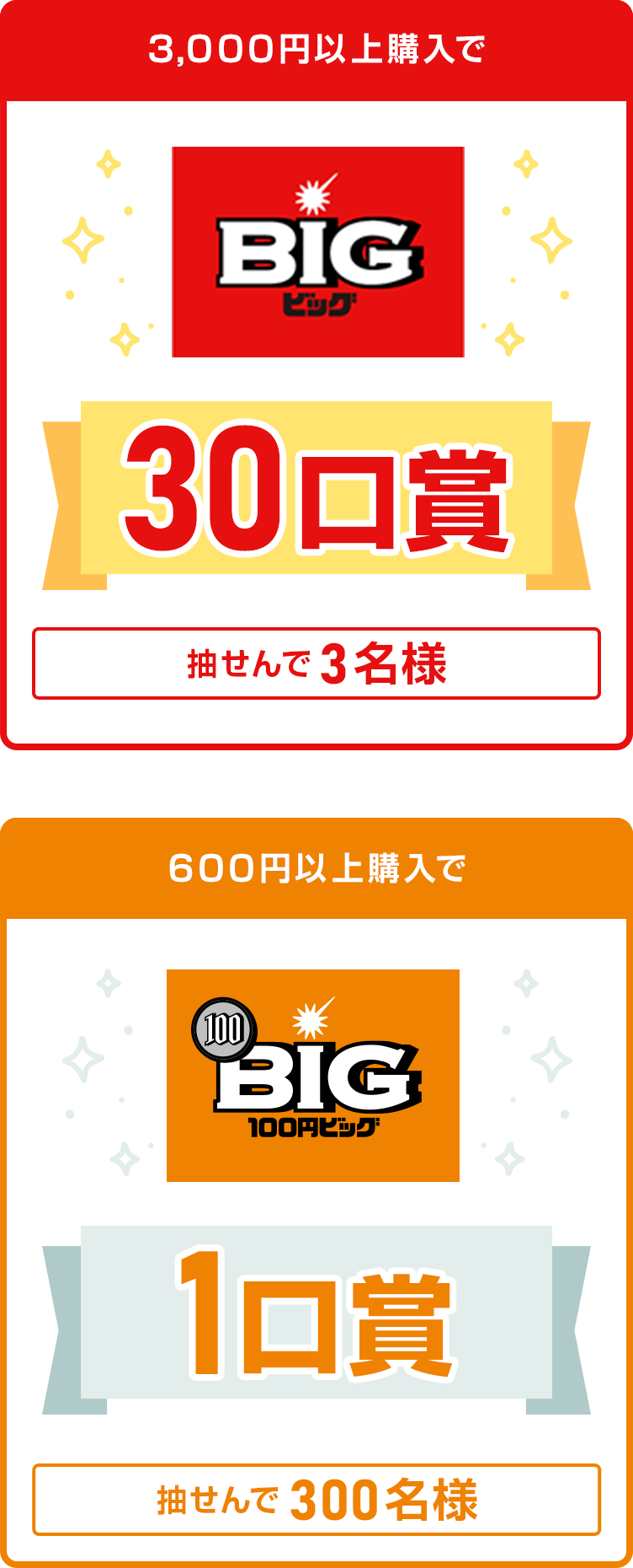 
            
              100円BIG1口賞
              楽天totoで期間内にくじを600円以上購入いただいた方の中から抽せんで300名さまに、100円BIG1口 （100円相当）を進呈いたします。
              
              BIG30口賞
              楽天totoで期間内にくじを3,000円以上購入いただいた方の中から抽せんで3名さまに、BIG30口（9,000円相当）を進呈いたします。
              
            