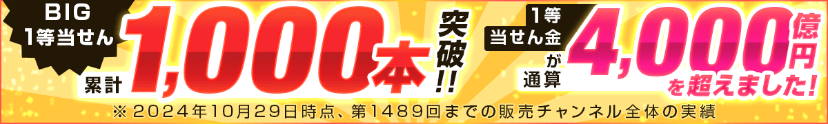 BIGの累計1等当せん 1,000本突破！ 1等当せん金が通算4,000億円を超えました！ ※2024年10月29日時点、第1489回までの販売チャンネル全体の実績