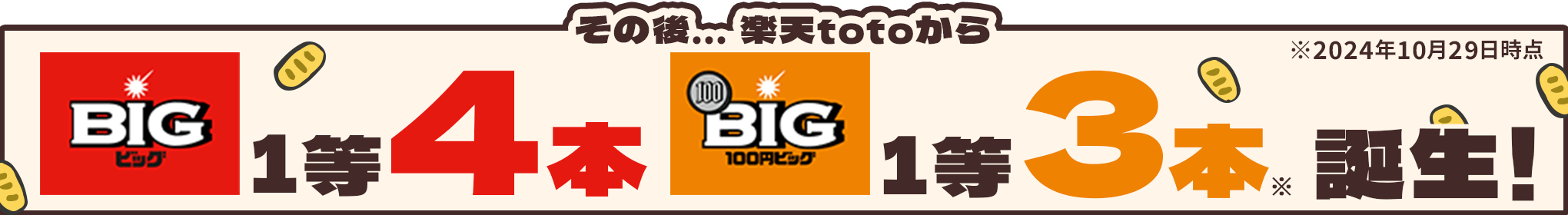 その後…楽天totoからBIG1等4本、100円BIG1等3本誕生！ ※2024年10月29日時点